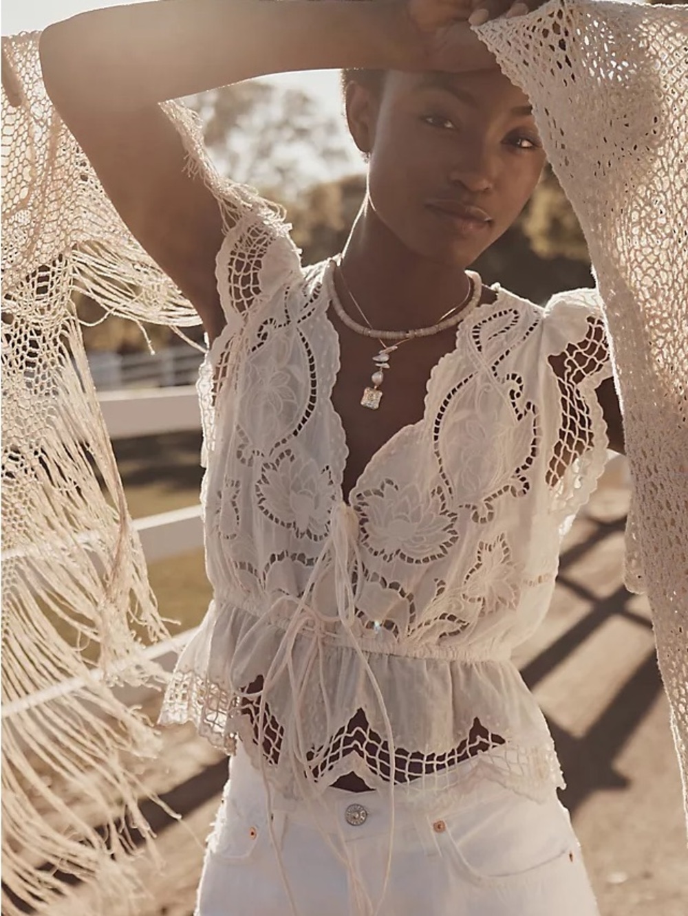 Anthropologie White Crochet Lace Peplum Tie-Front Top